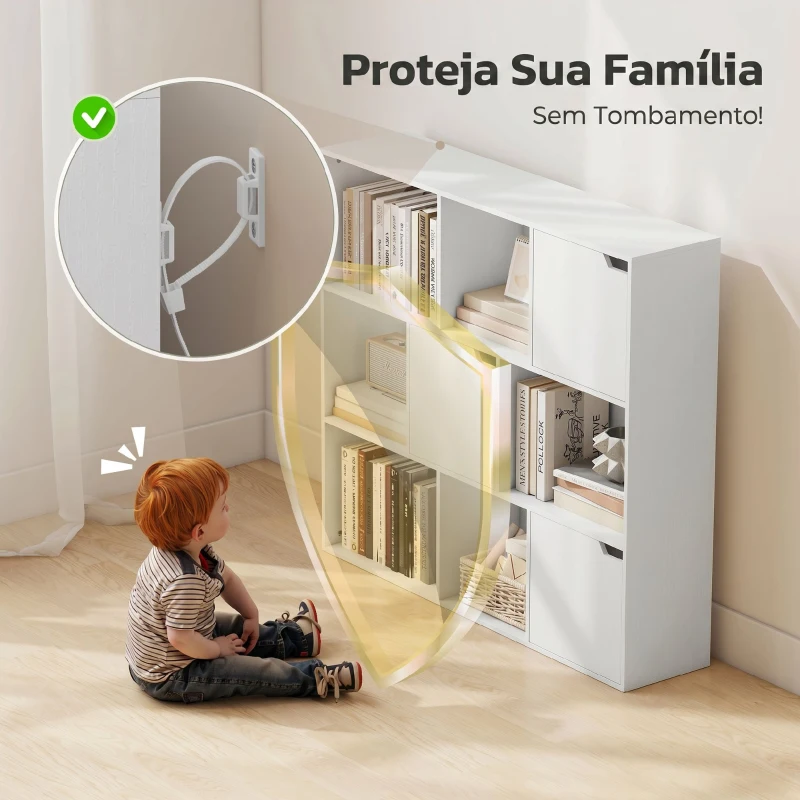 HOMCOM Estante para Livros de 3 Níveis com 9 Cubos, 3 Portas e 6 Compartimentos Abertos, 106x24x95 cm, Branco