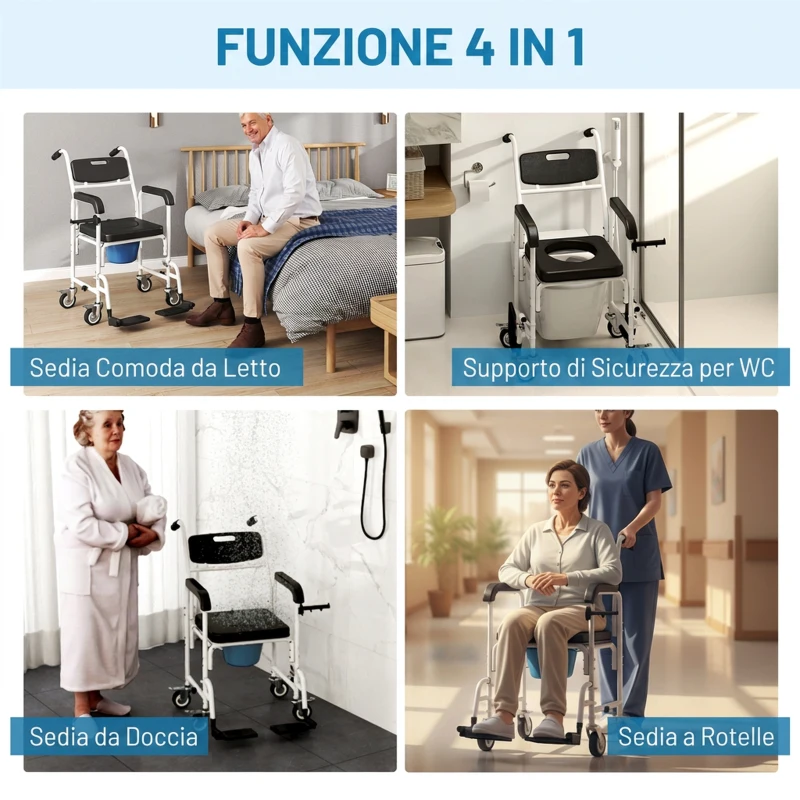 HOMCOM Sedia a Rotelle con WC Impermeabile 4 in 1 con Poggiapiedi Ribaltabili, in Alluminio e Plastica, Nero