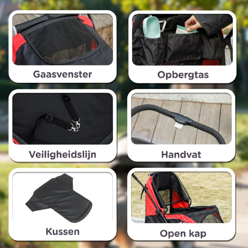 PawHut Hondenwagen, opvouwbare hondenbuggy voor middelgrote honden, huisdierwagen met 4 wielen, veiligheidslijnen, remmen, zwart
