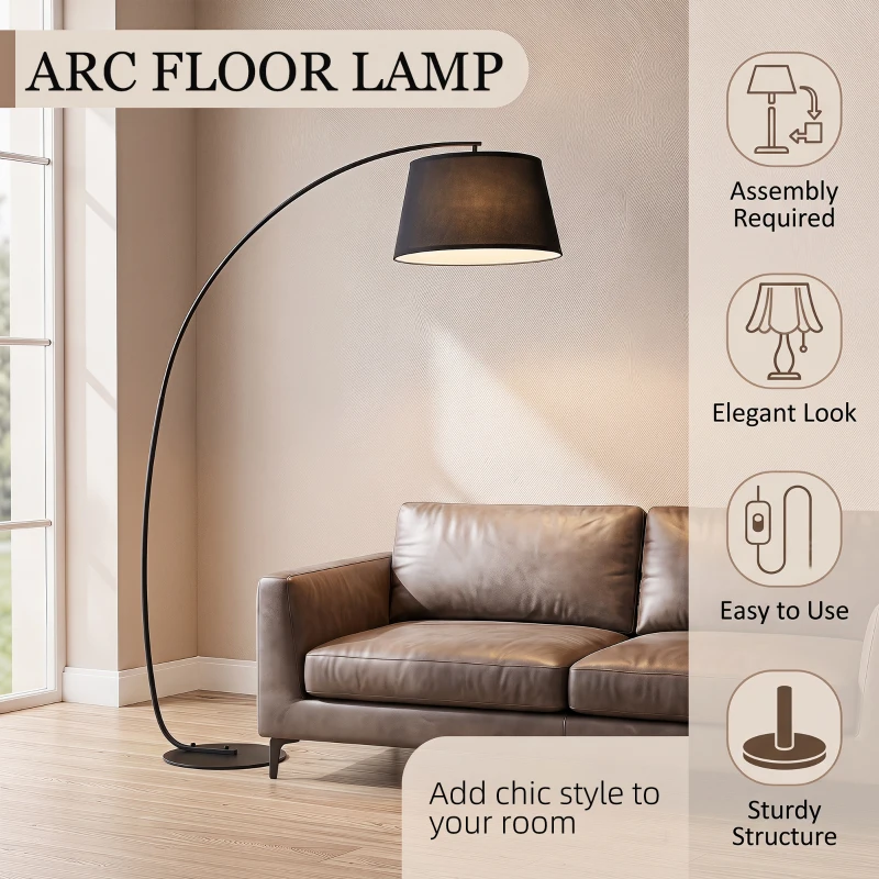 HOMCOM Lampada da Terra ad Arco con Paralume in Tessuto e Interruttore a Pedale, Ø47x105x190cm, Nera