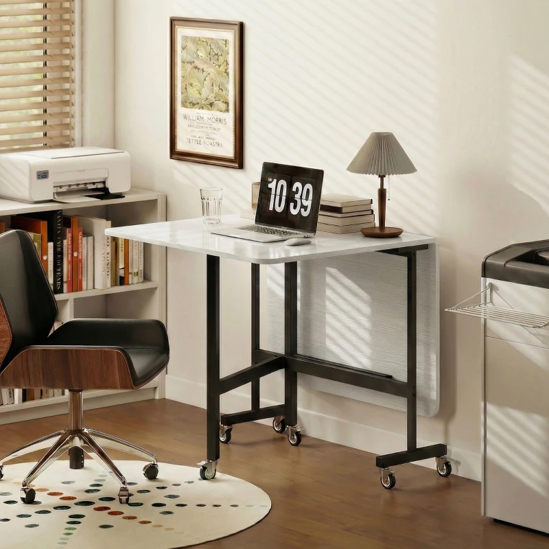 HOMCOM Table à Manger Pliante sur Roulettes pour 4-6 Personnes 120 cm, Roues avec Freins, 2 Abattants, Industriel, Blanc Noir