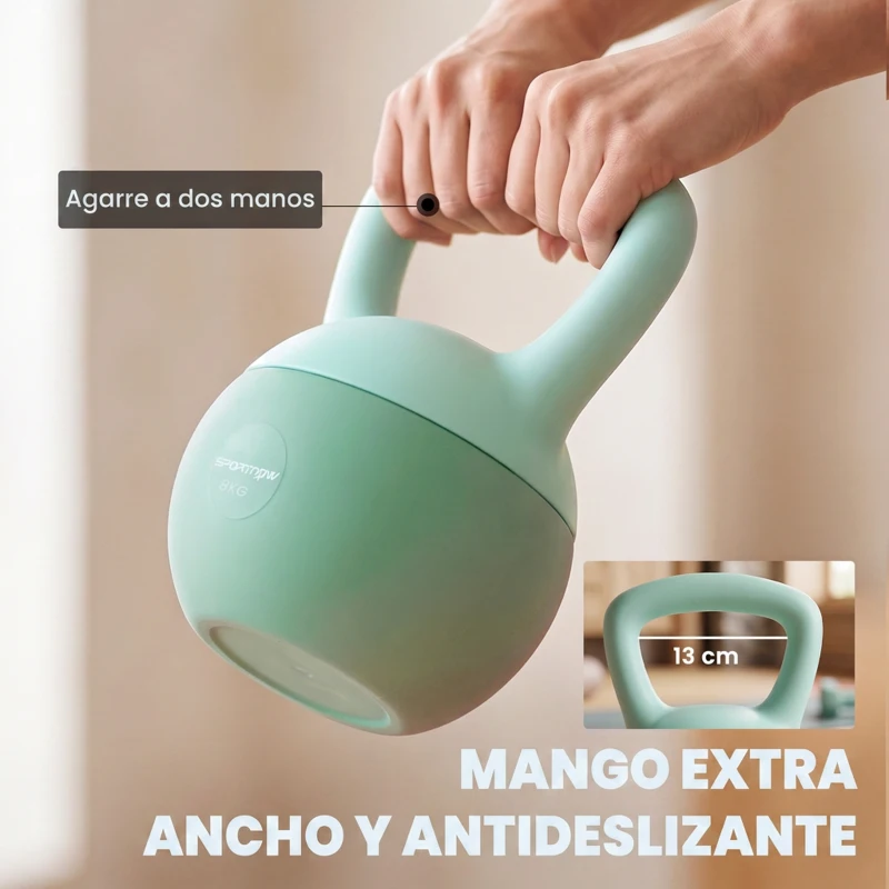 SPORTNOW Pesa Rusa 8 kg Kettlebell Relleno de Arena Metálica y Mango Antideslizante para Entrenamiento en Casa 19x19x28 cm Verde