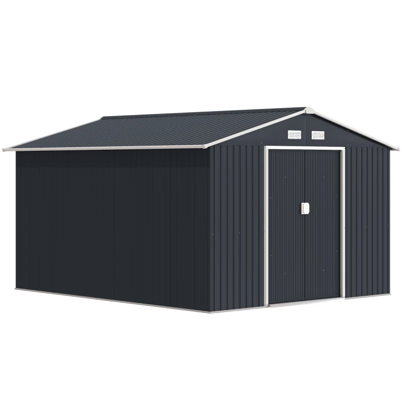 Outsunny Cobertizo de Jardín 8,3 m² 277x322x192 cm con 2 Puertas Corredizas Base Refuerzo (Suelo NO Incluido) Gris
