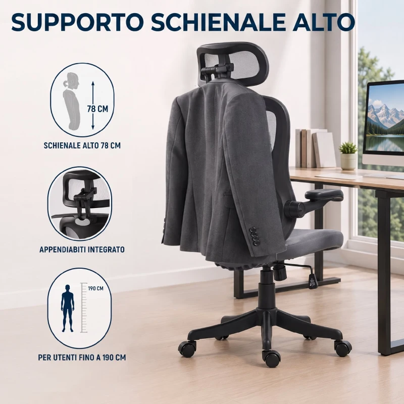 HOMCOM Sedia da Ufficio Ergonomica con Braccioli Ribaltabili, Poggiatesta e Appendiabiti, Grigio Scuro