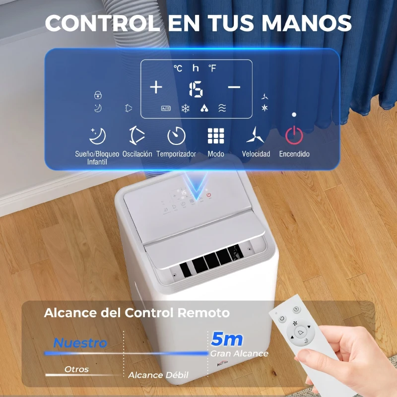 HOMCOM Aire Acondicionado Portátil 12000 BTU 5 en 1 Enfriamiento Deshumidificador Ventilador Temporizador para 35 m² Blanco