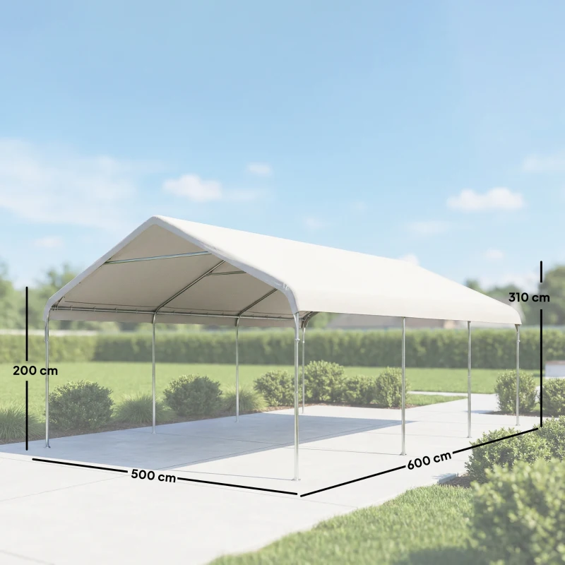 Outsunny Carpa Garaje Portátil 5x6 m con Estructura de Acero Galvanizado Impermeable Anti-UV Cobertizo para Herramientas Crema