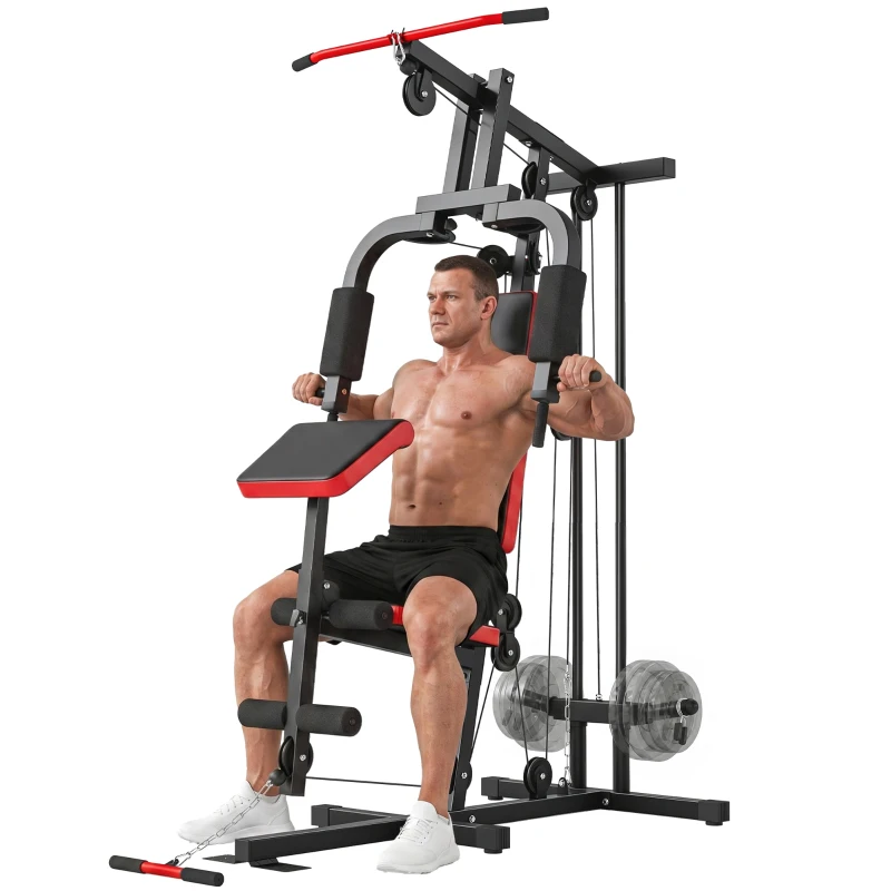 SPORTNOW Station de Musculation Multifonction à Disques Libres, avec Banc Amovible, 136x107x205cm, Noir et Rouge