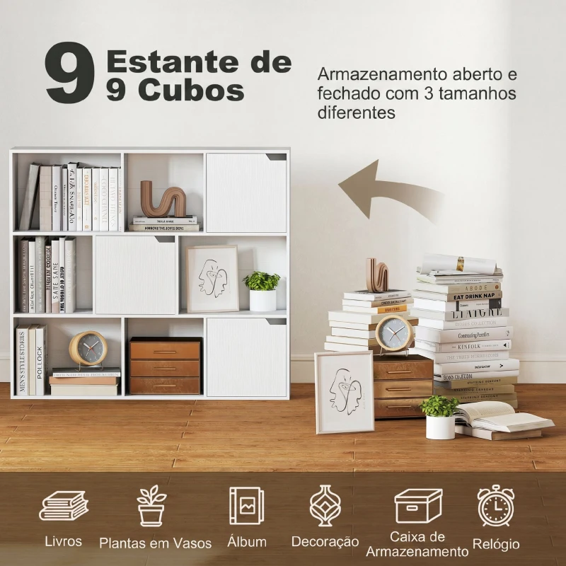 HOMCOM Estante para Livros de 3 Níveis com 9 Cubos, 3 Portas e 6 Compartimentos Abertos, 106x24x95 cm, Branco