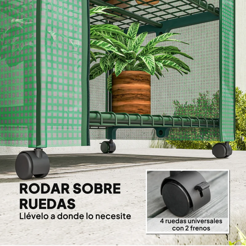 Outsunny Invernadero de Exterior con 4 Estantes Ruedas Puerta Enrollable Cubierta de PE y Marco de Acero 69x50x165 cm Verde