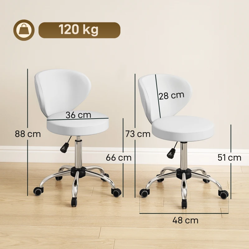 HOMCOM Tabouret à roulettes, tabouret de massage en PU avec hauteur réglable 73-88 cm et dossier, pivotant 360°, blanc