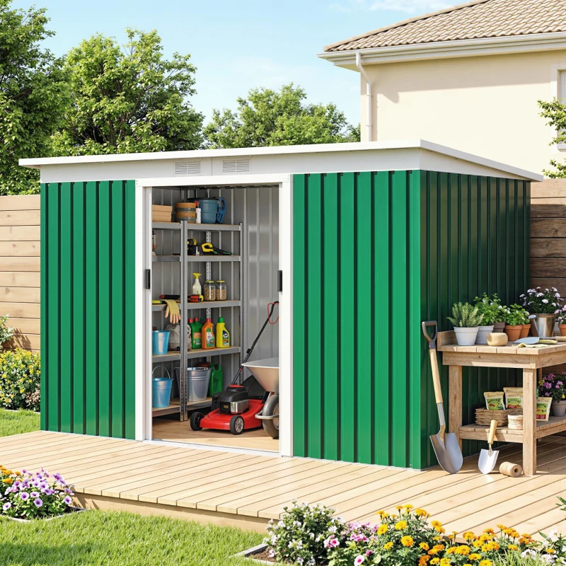 Outsunny Cobertizo de Jardín 280x130x172 cm Caseta de Exterior Metálica para Almacenamiento de Herramientas Verde Oliva