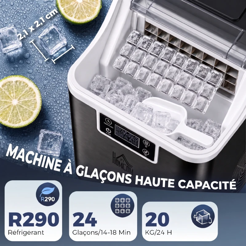 HOMCOM Machine à glaçons, 20 kg en 24h, 24 glaçons en 14-18 min, ice maker avec fonction autonettoyante, 25,2x36x37,1cm, noir