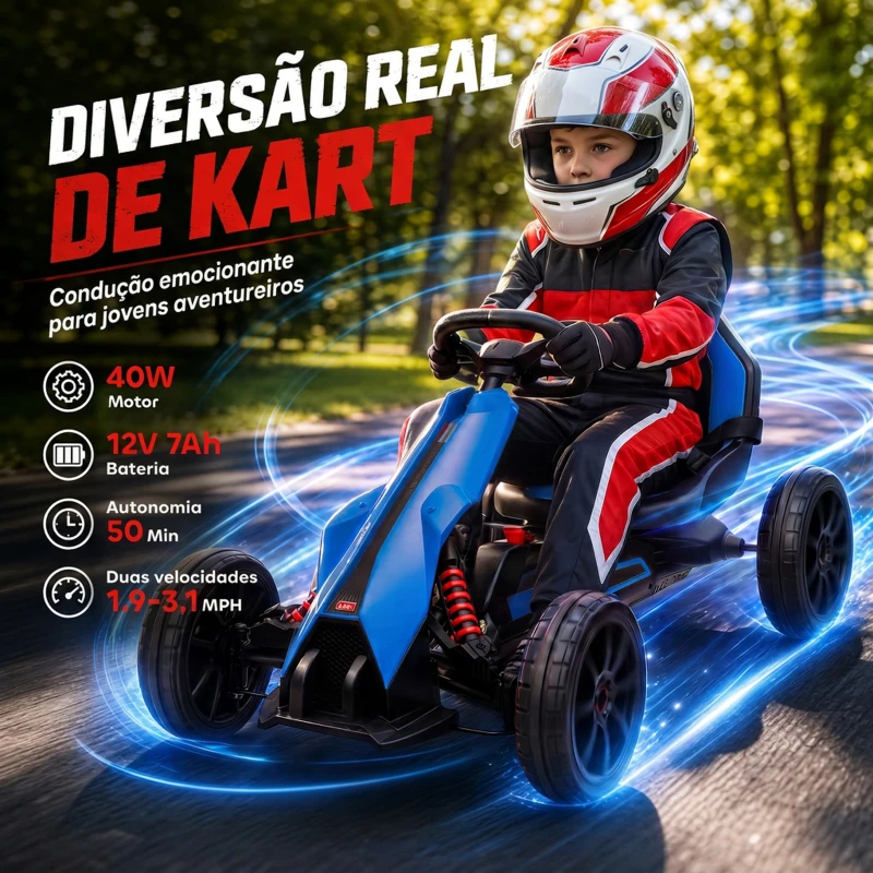 HOMCOM Go Kart Elétrico para Crianças Kart a Bateria 12V Velocidade Ajustável 3-5 km/h e Cinto de Segurança 100x58x58,5 cm Azul