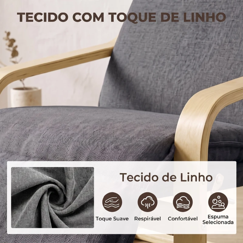 HOMCOM Poltrona de Sala em Tecido Efeito Linho com Apoio para os Pés, Baloiço Suave, Encosto Alto e Assento Largo, Cinzento Escuro