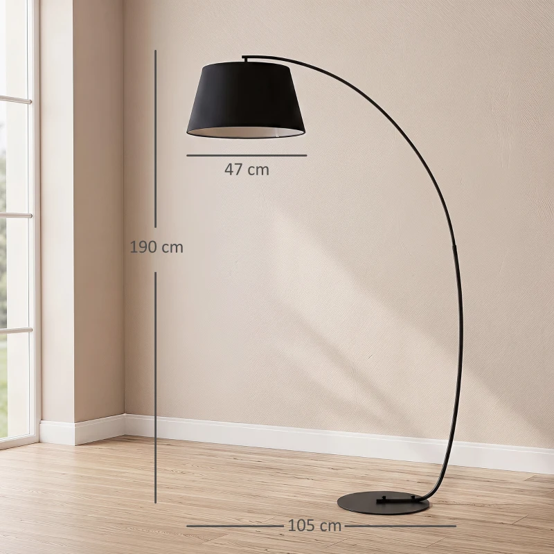 HOMCOM Lampada da Terra ad Arco con Paralume in Tessuto e Interruttore a Pedale, Ø47x105x190cm, Nera
