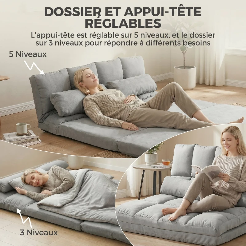 HOMCOM Chauffeuse 2 places canapé-lit convertible fauteuil de sol pliable dossier réglable 2 coussins inclus en polyester aspect suédé, pour salon, chambre et bureau, gris