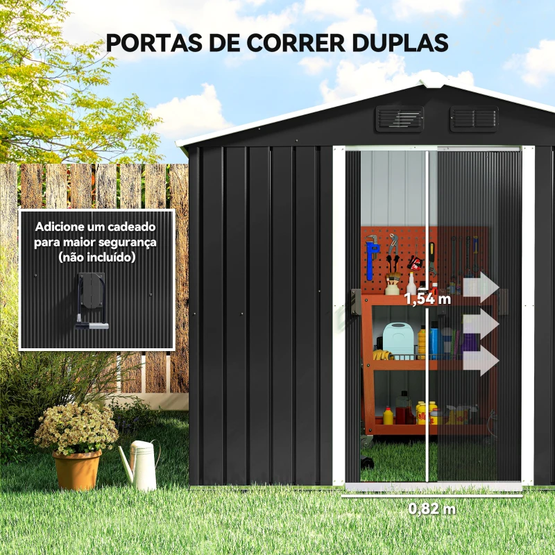 Outsunny Abrigo de Jardim de 3,6 m² 236x174x190 cm para Armazenamento de Ferramentas com Portas de Correr e 4 Janelas de Ventilação Cinza