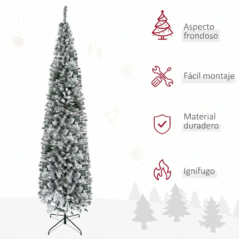 HOMCOM Árbol de Navidad Estrecho 270 cm Árbol Navideño Nevado con 1014 Ramas y Soporte de Metal para Salón Verde y Blanco