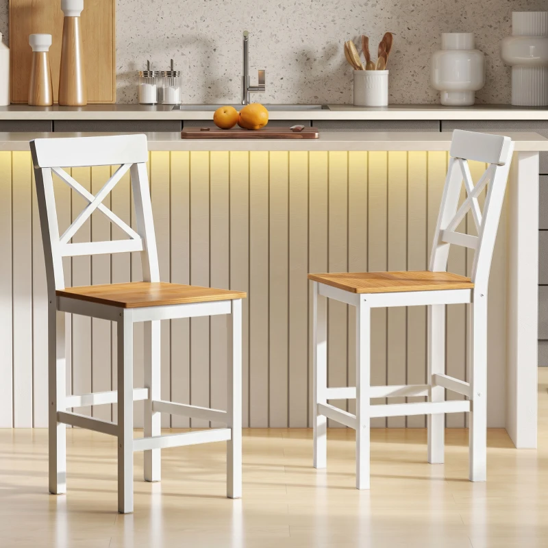 HOMCOM Conjunto de 2 Bancos de Bar de Madeira com Encosto e Apoio para os Pés Estilo Rústico para Cozinha 41x46x97.5 cm Natural