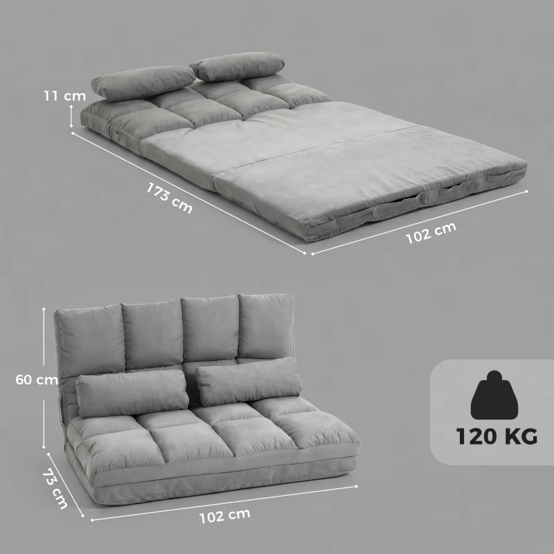HOMCOM Chauffeuse 2 places canapé-lit convertible fauteuil de sol pliable dossier réglable 2 coussins inclus en polyester aspect suédé, pour salon, chambre et bureau, gris