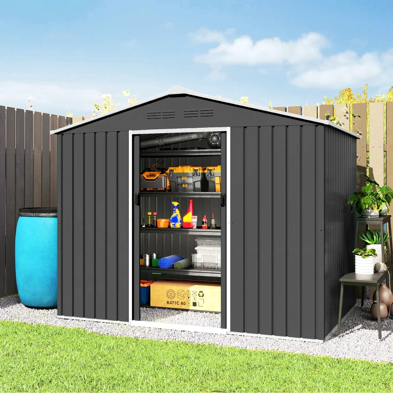 Outsunny Cobertizo de Jardín Exterior 3,6 m² 236x171x191 cm con Puertas Correderas y Ranuras de Ventilación Gris Oscuro