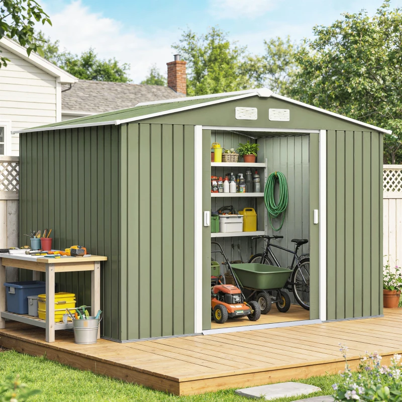 Outsunny Abrigo de Jardim 4,83m² 277x195x192cm Abrigo Metálico para Armazenamento de Ferramentas com Base de Reforço Incluída Verde Claro