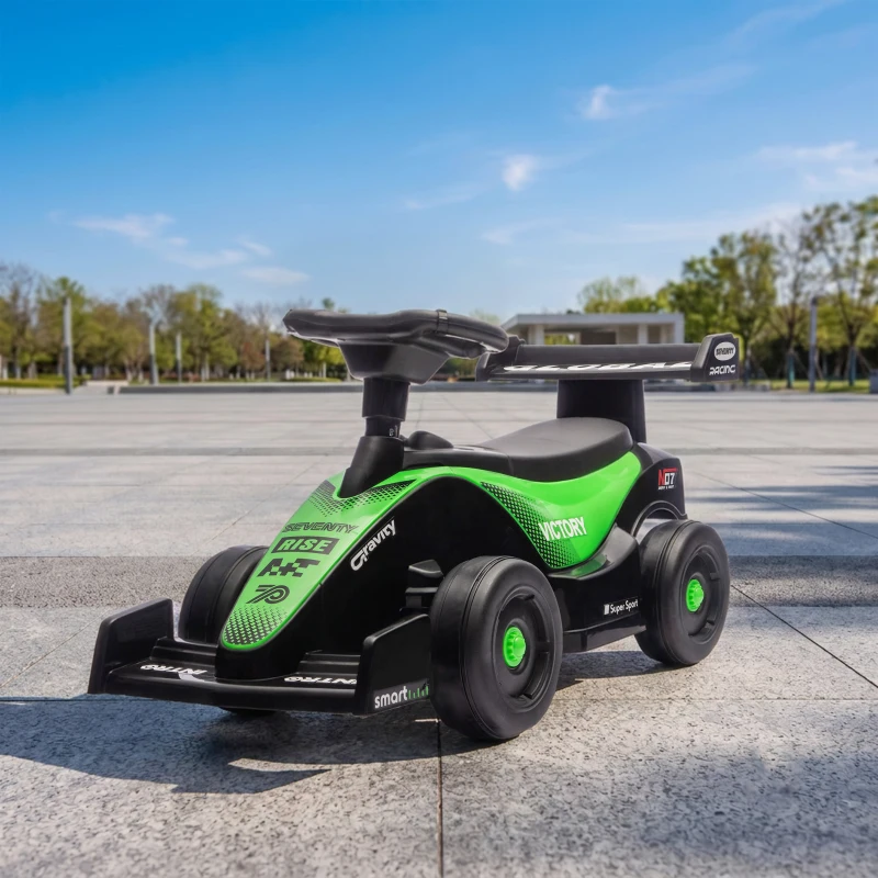 AIYAPLAY Porteur enfants voiture F1, véhicule à pousser avec volant musical, roues silencieuses et coffre, 18-36 mois, vert