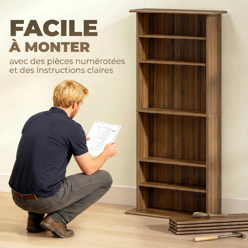 HOMCOM Rangements pour CD et DVD avec 8 compartiments et 6 étagères réglables, capacité max. 360 CD/185 DVD et Blu-ray, noyer