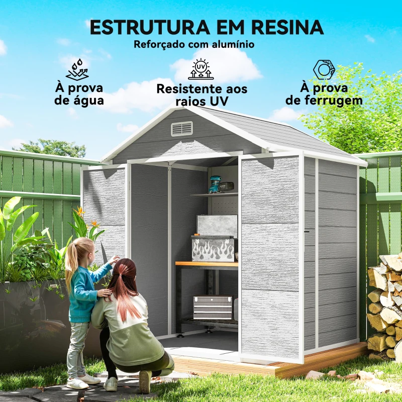 Outsunny Abrigo de Jardim em Resina 182x151x219 cm com Piso Janela Ventilação Portas Duplas Cinzento
