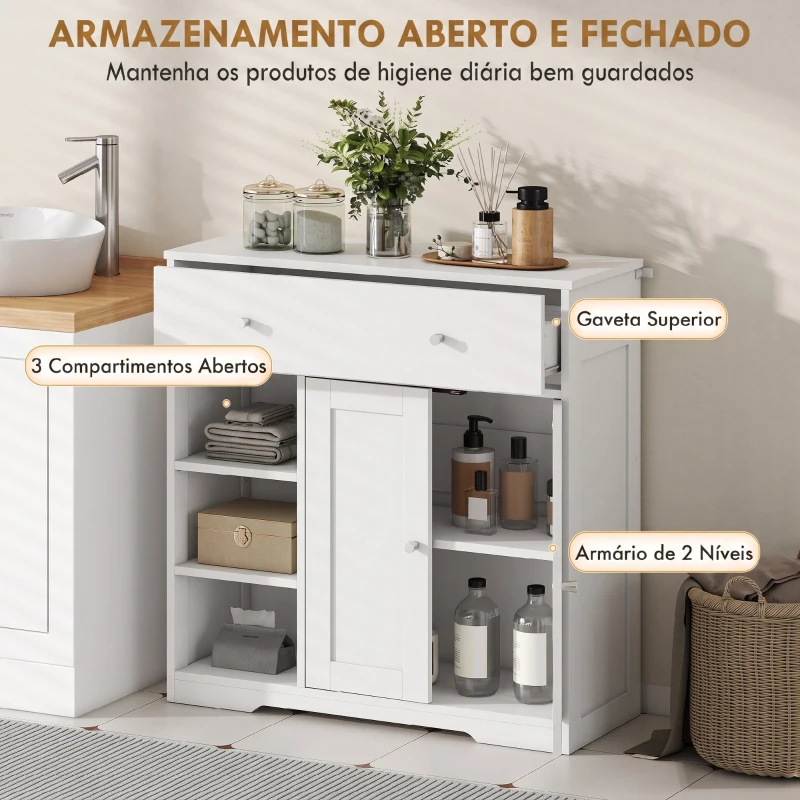 HOMCOM Armário de Casa de Banho Estreito com Gaveta 2 Portas e 3 Prateleiras Abertas 80x30x80,2 cm Branco Texturado