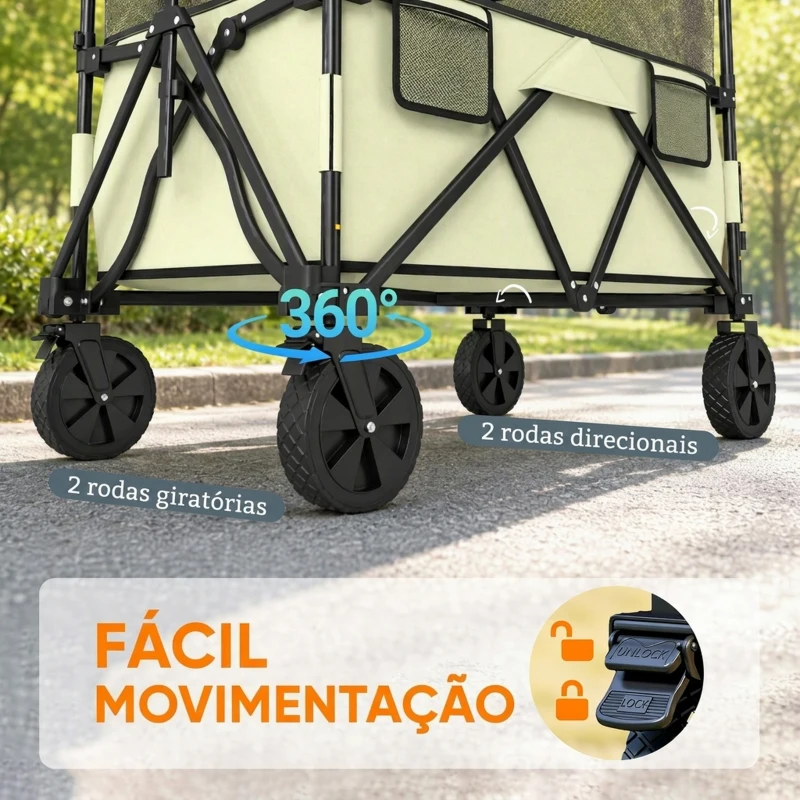 Outsunny Carrinho de Transporte Dobrável 180 L com Guiador Ajustável e Laterais Extensíveis Carga 120 kg para Jardim Praia Cáqui