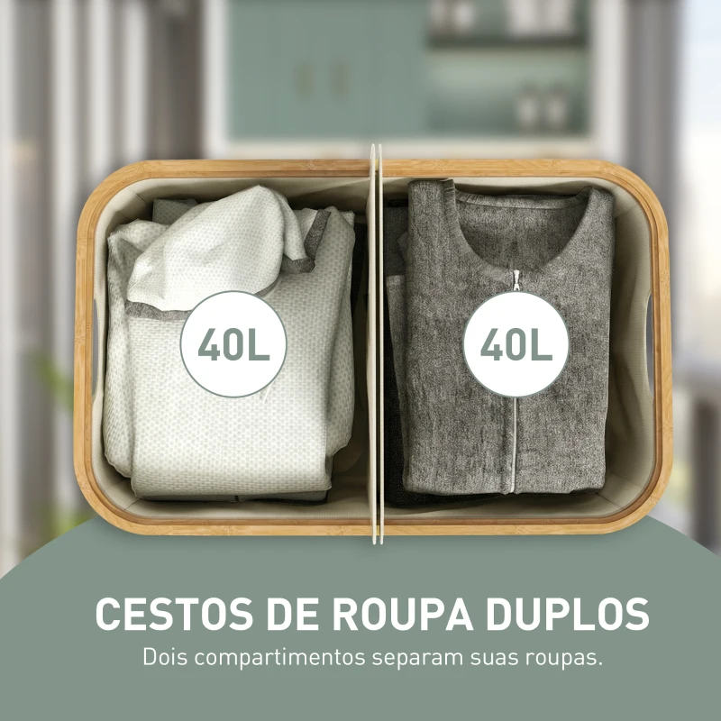 HOMCOM Cesto para Roupa Suja Dobrável com Tampa 80 L em Tecido Não Tecido, 2 Compartimentos, Asas, 54x34x58,5 cm, Bege
