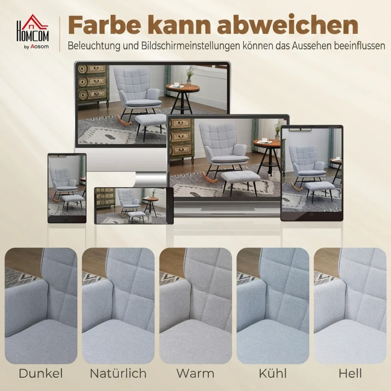 HOMCOM Schaukelstuhl mit Ottomane Skandidesign Schaukelstuhl mit Fußhocker, Buchenholz, Steppung, 64 cm x 89 cm x 90 cm Grau