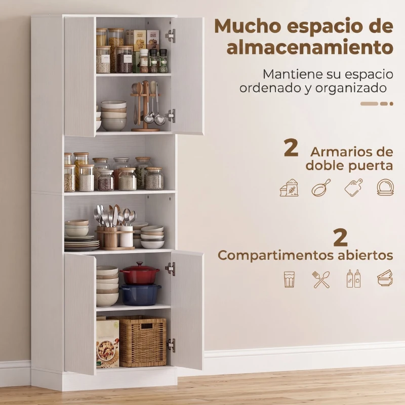 HOMCOM Alacena de Cocina Alta con 4 Puertas con Bisagras de Cierre Suave Estantes Ajustables 2 Compartimentos Abiertos Blanco