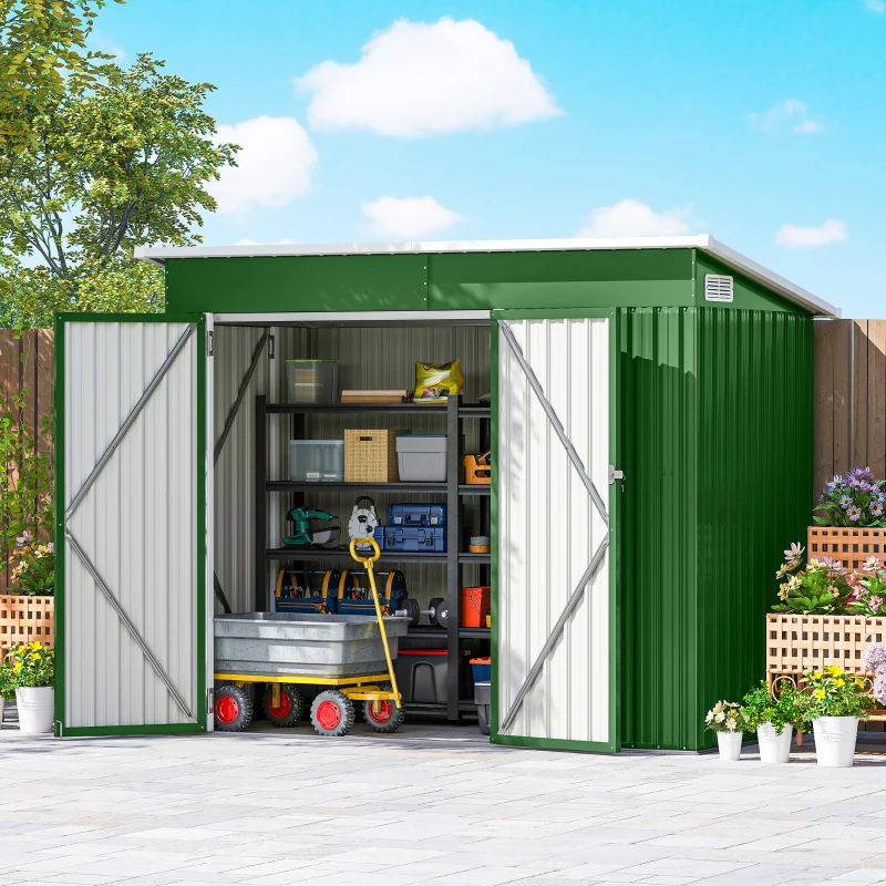 Outsunny Abrigo de Jardim Exterior 2,7 m² 234x132x185 cm com Três Portas Fechadura e Grelhas de Ventilação Verde