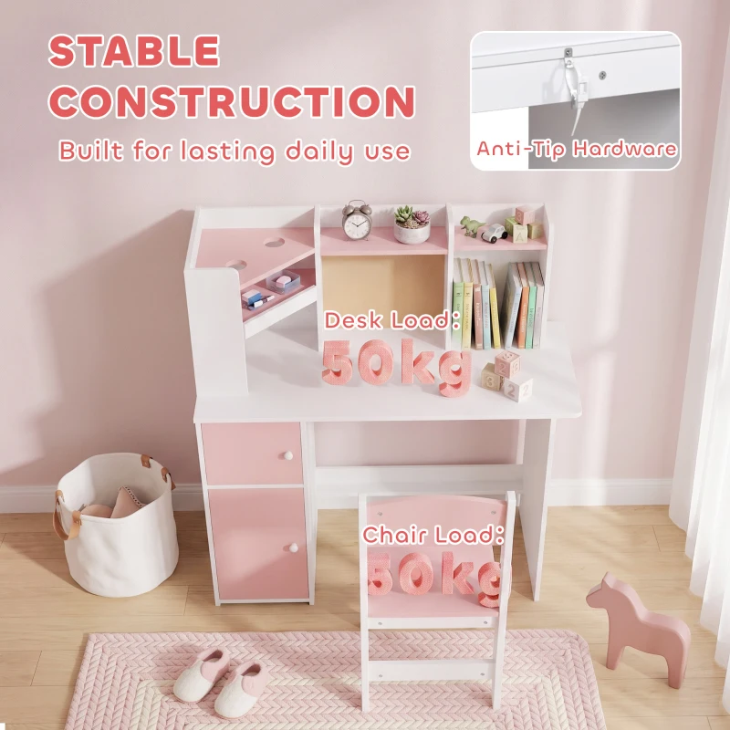 AIYAPLAY Bureau Enfant avec Chaise, Table d'Étude, Support de Tablette Réglable, Porte-Stylos, Panneau en Liège, 5-12 ans, Rose