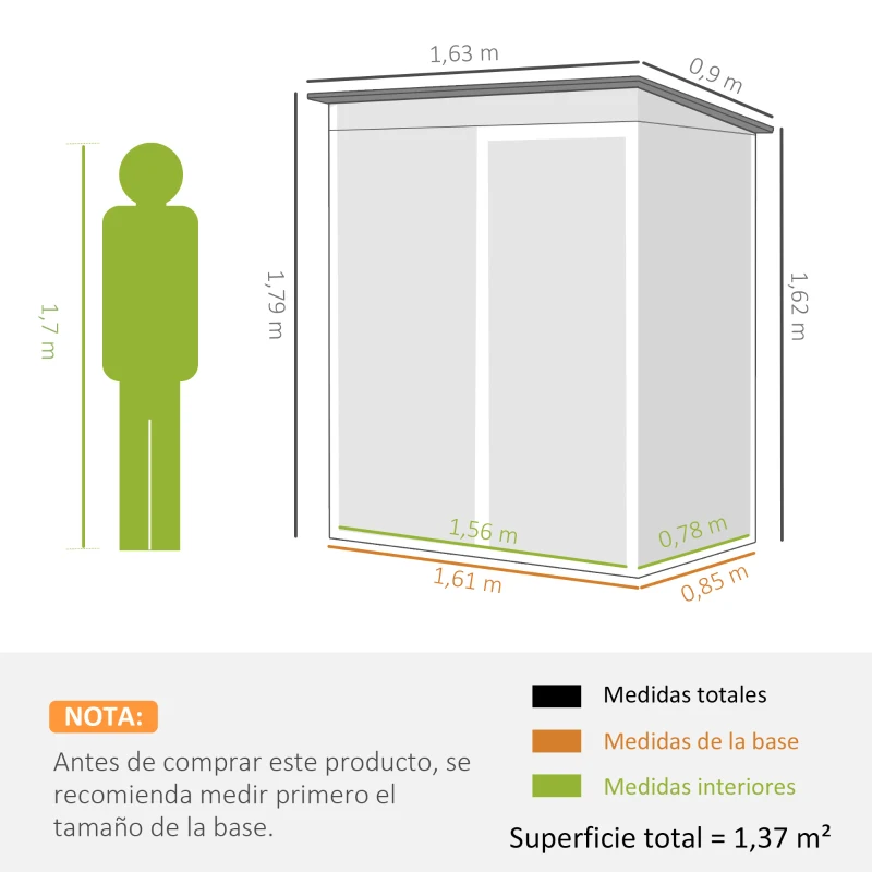 Outsunny Cobertizo de Jardín Exterior 1,37 m² 163x90x179 cm con Puerta con Pestillo y Ranuras de Ventilación Verde