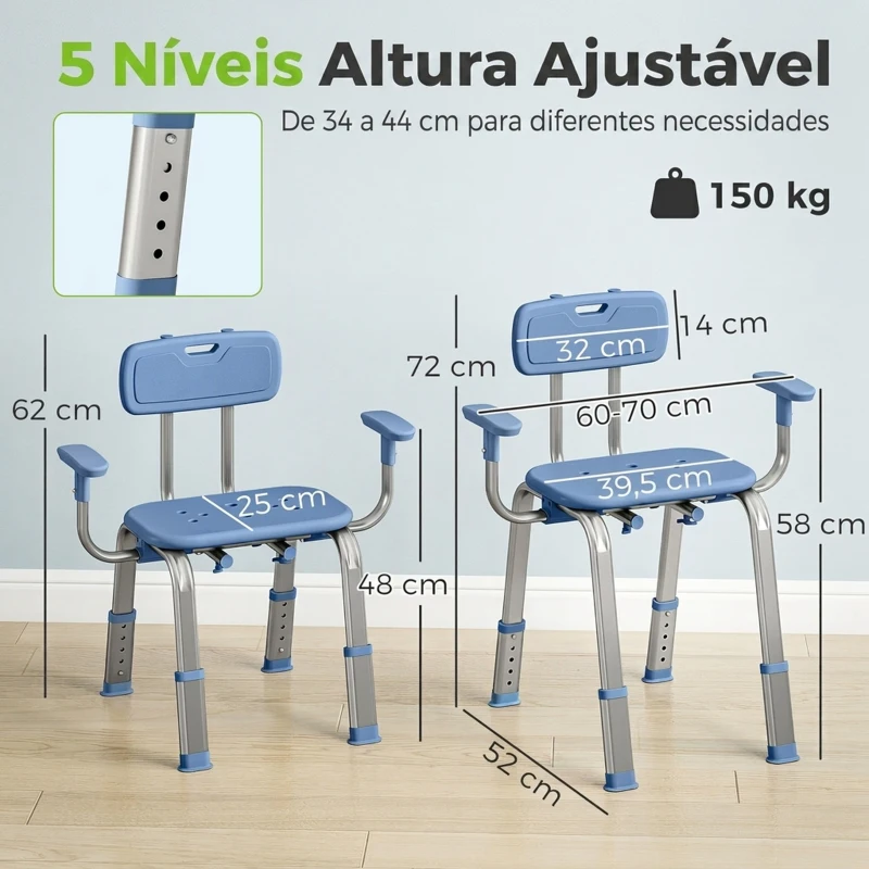 HOMCOM Cadeira de Duche para Pessoas Idosas com Apoio de Braços Ajustável Antideslizante e Altura Ajustável 60-70x52x62-72 cm Azul