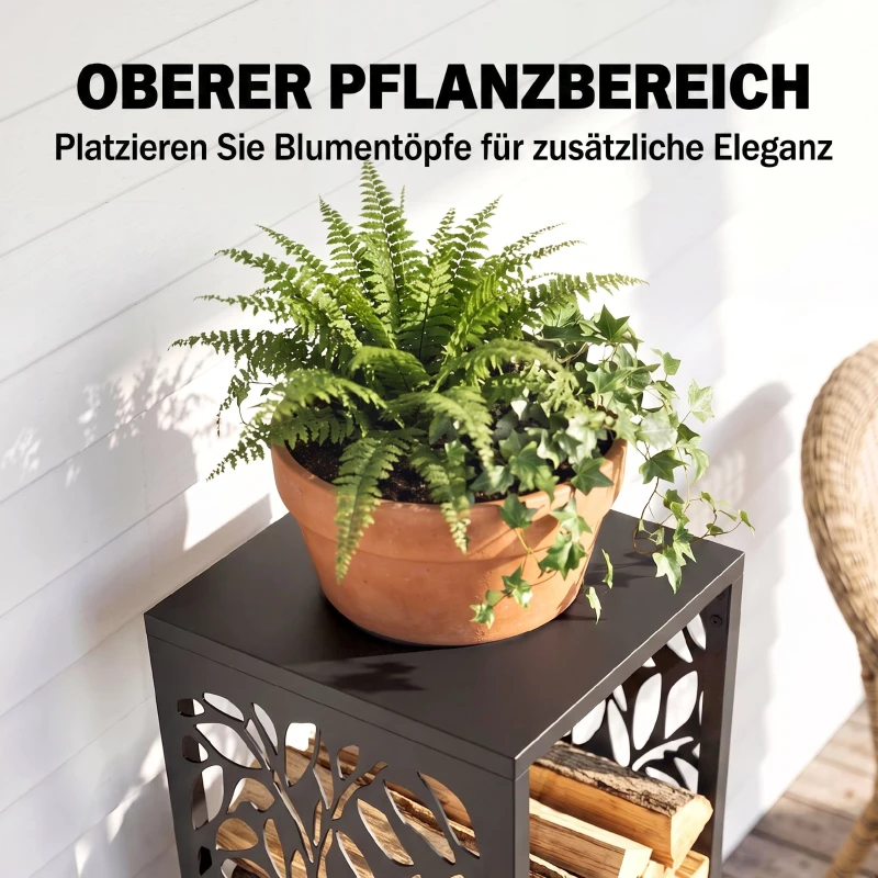 Outsunny aminholzregal 38 x 38 x 112cm erhöhtes Brennholzregal mit 4 Haken Dekorative Aussparungen bis 100 kg Stahl