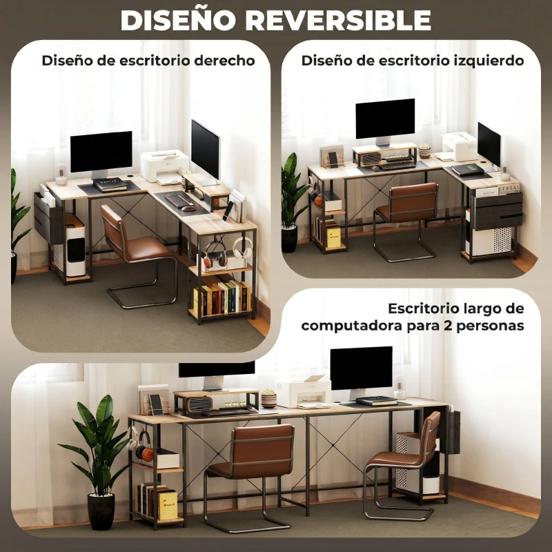 HOMCOM Escritorio Esquinero Reversible en L Largo 168-240 cm Industrial con Soporte Monitor y CPU Estantería Bolsillo Natural