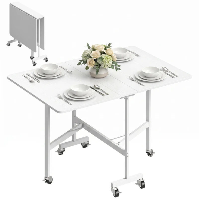 HOMCOM Table à Manger Pliante sur Roulettes pour 4-6 Personnes 120 cm, Roues avec Freins, 2 Abattants, Style Industriel, Blanc