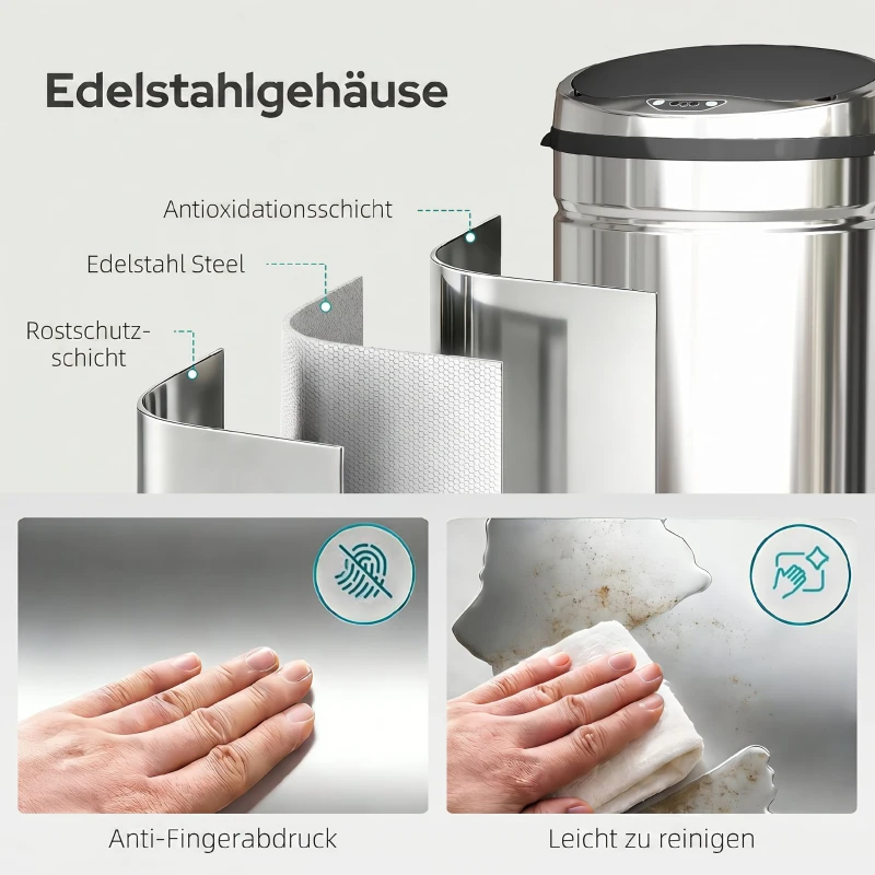 HOMCOM 50 L Sensor Mülleimer, Automatischer Abfalleimer, Rostfreier Kücheneimer mit Infrarotsensor, für Küche, Esszimmer