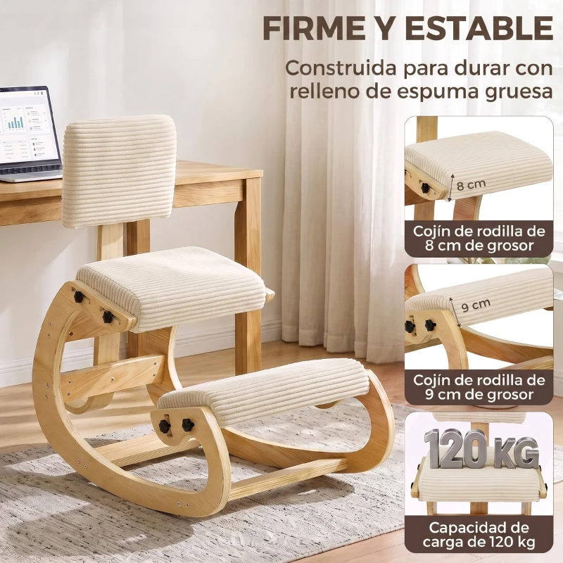 HOMCOM Silla de Rodillas Ergonómica con Respaldo Apoyo para Rodillas y Tapizado de Pana Crema