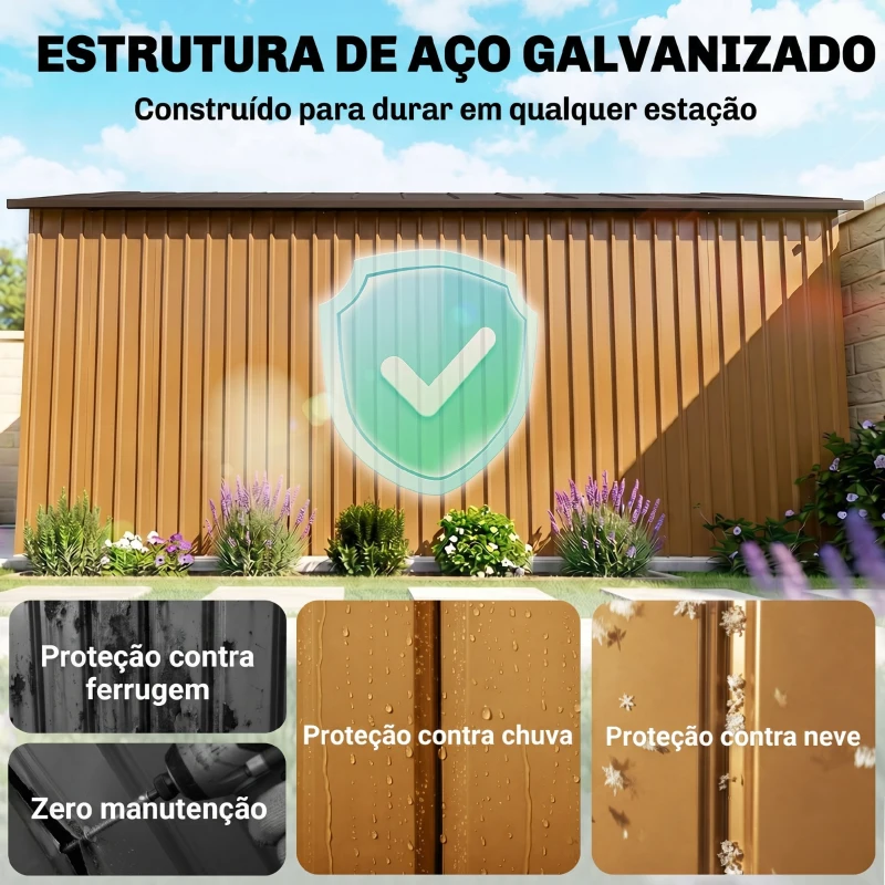 Outsunny Caseta de Jardim Exterior, 12,4 m² 340x386x200 cm Abrigo de Jardim Metálico com Portas Duplas com Fechadura, Kit de Fundação e Ventilação para Armazenamento de Bicicletas, Cor Ocre Escuro