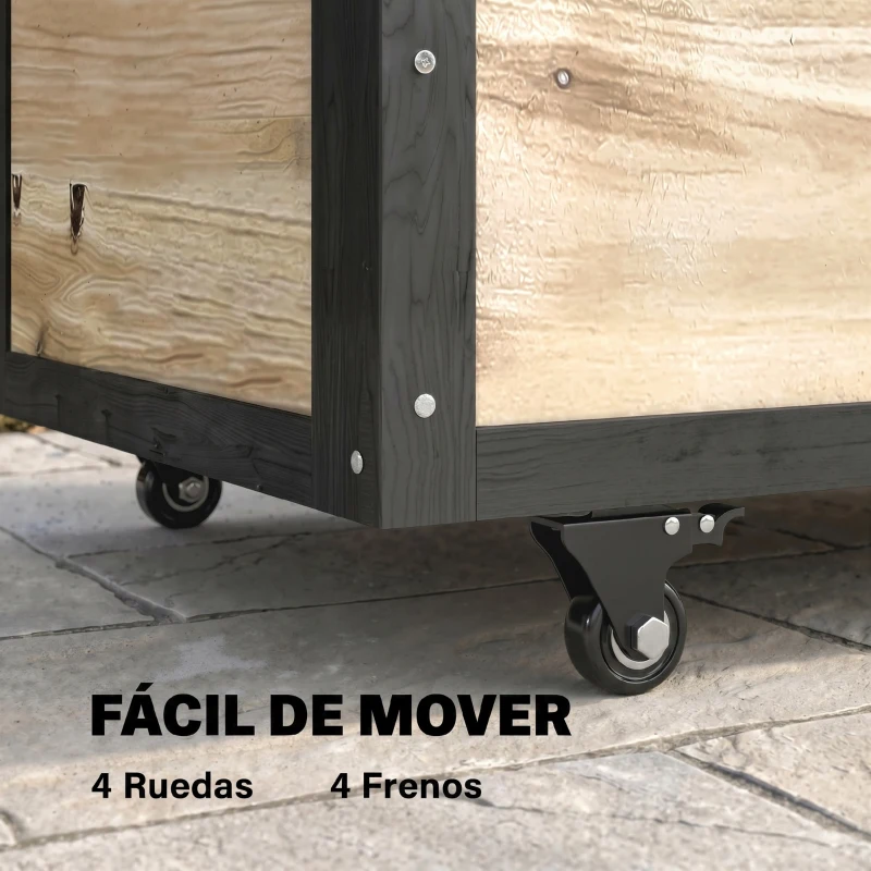 Outsunny Baúl de Exterior de Madera con 4 Ruedas para Jardín Patio Balcón 100x50x43 cm Natural y Negro