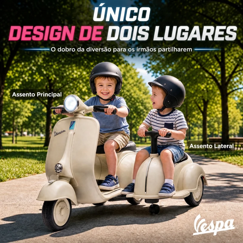 AIYAPLAY Mota Elétrica Infantil VESPA com 2 Assentos, Arranque Suave, Luz, Música, USB e Arrumação, Creme