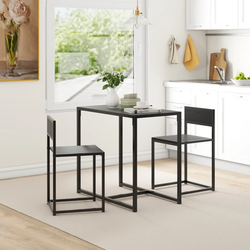 HOMCOM Ensemble table et chaises , table à manger 3 pièces avec 2 chaises encastrables, pour cuisine salon maison, noir
