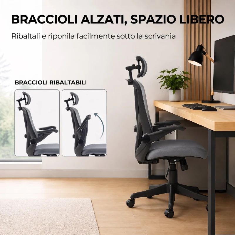 HOMCOM Sedia da Ufficio Ergonomica con Braccioli Ribaltabili, Poggiatesta e Appendiabiti, Grigio Scuro