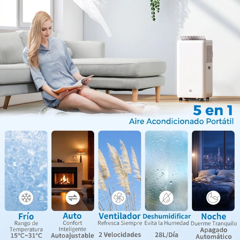 HOMCOM Aire Acondicionado Portátil 12000 BTU 5 en 1 Enfriamiento Deshumidificador Ventilador Temporizador para 35 m² Blanco