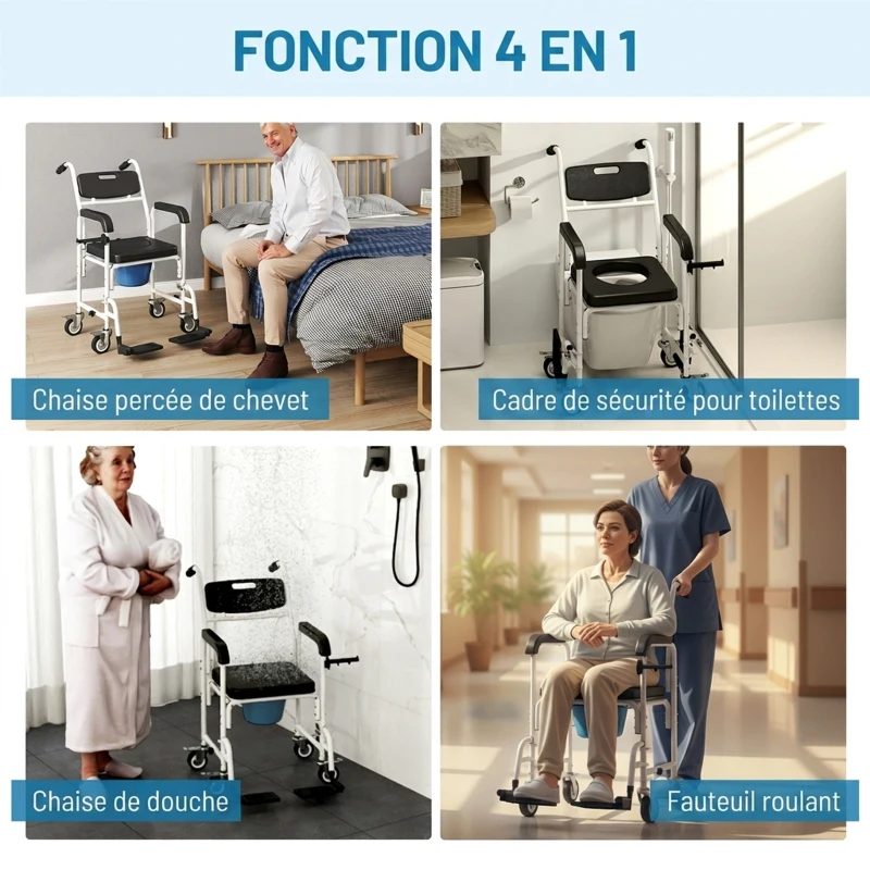 HOMCOM Chaise percée adulte à roulettes, chaise percée de douche avec repose-pieds, dossier et accoudoirs, 53x97x97cm, noir